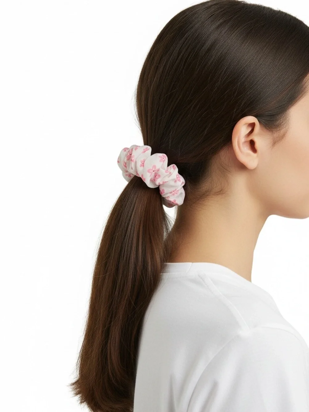 Light Pink Daisy Flower Floral White Semi Sheer Chiffon Ponytail Hold Scrunchie